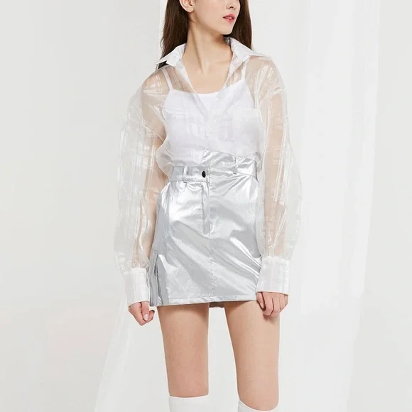 Storets Audrey plaid organza sheer collared shirt button up oversized - Picture 4 of 10